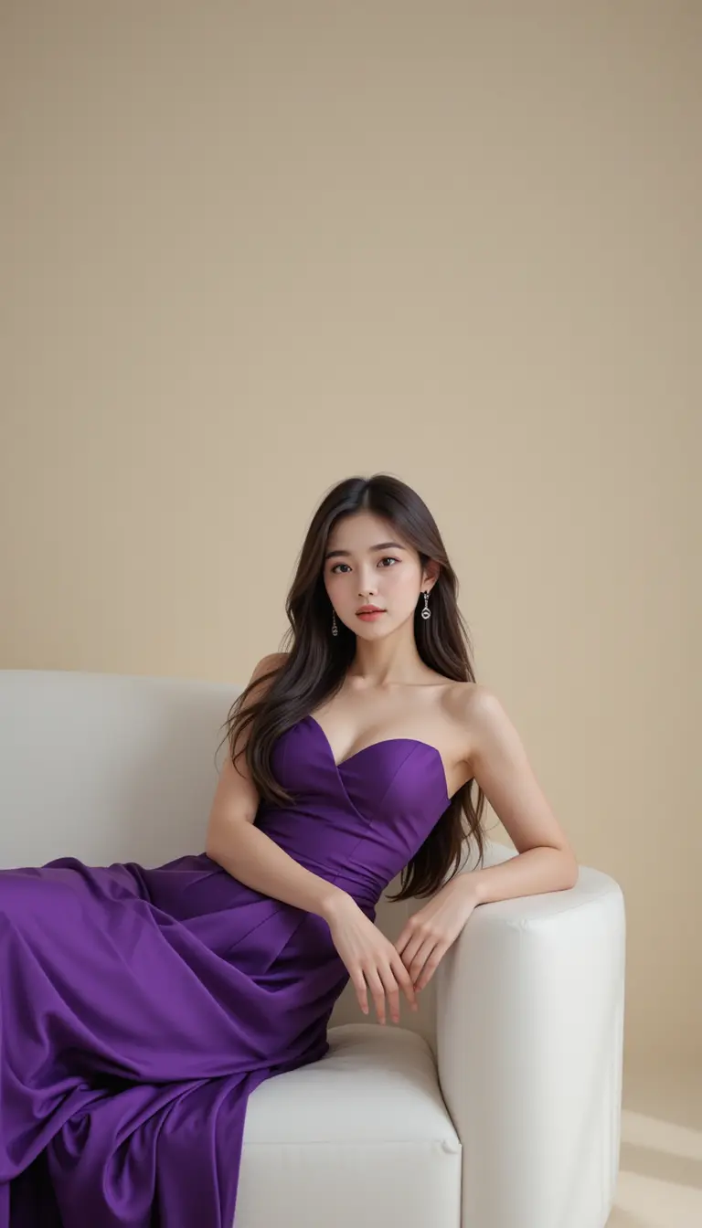 躺在白色攝影棚沙發上的魅惑韓國女子