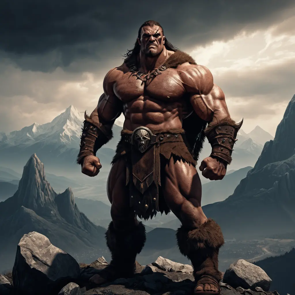 Barbarian Warrior Victorious On A Hill Before Dark Mountains