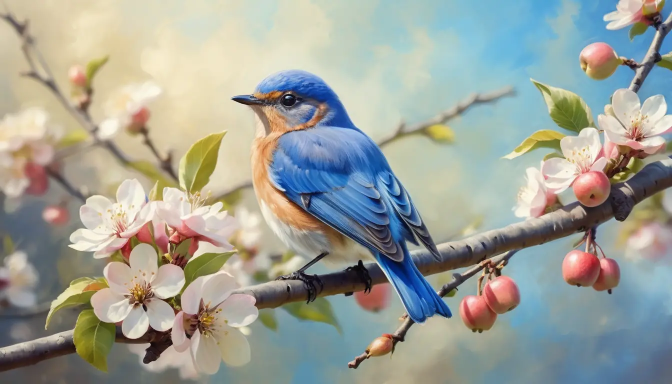 Bluebird on blossoming apple tree in bright daylight