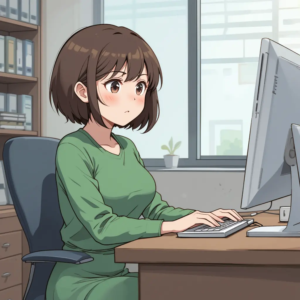 Anime woman working at computer in a simple office scene