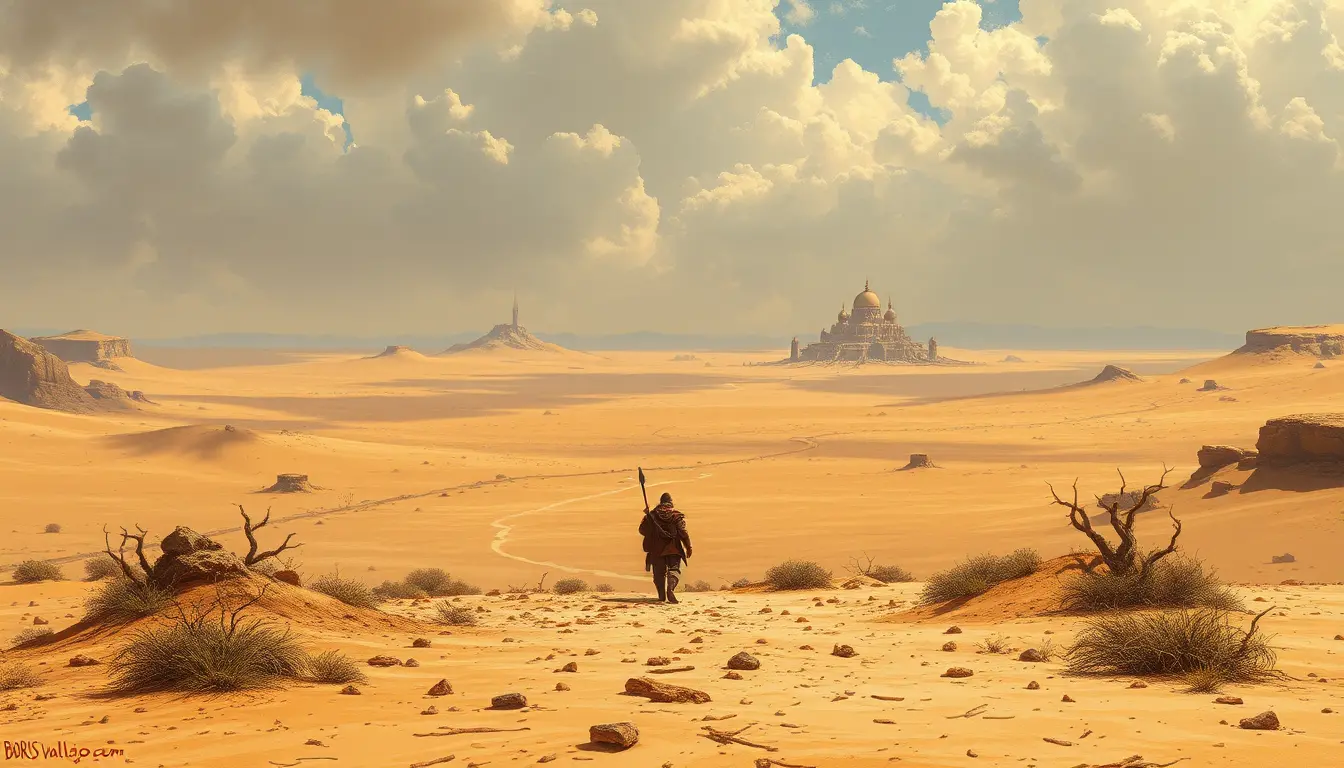 Bárbaro solitario cruzando un vasto desierto hacia una aldea lejana