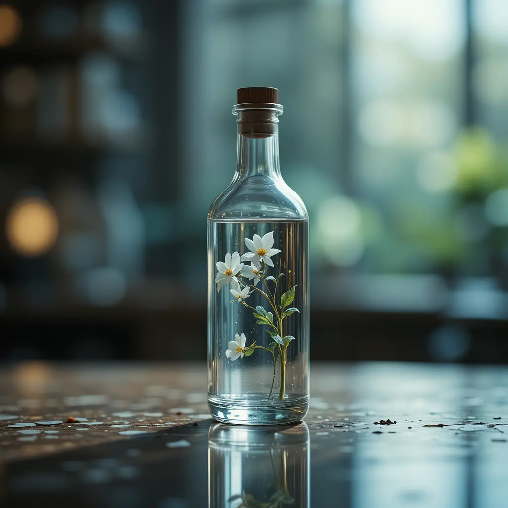 White flower in glass bottle still life with reflection
