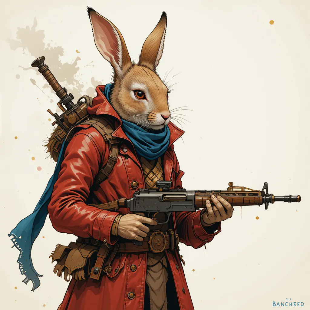 Serious Rabbit Adventurer With Rifle And Flowing Blue Scarf