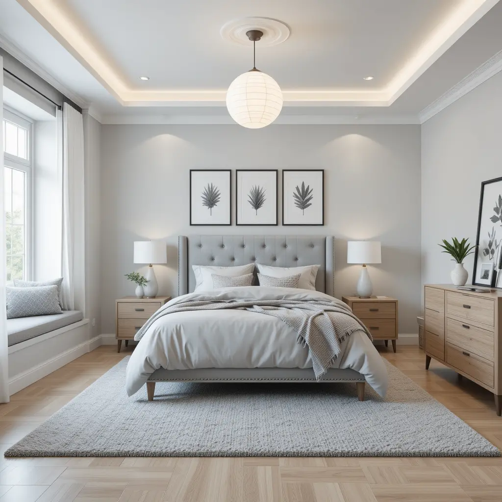 Modern cozy bedroom with wooden bed and soft gray decor