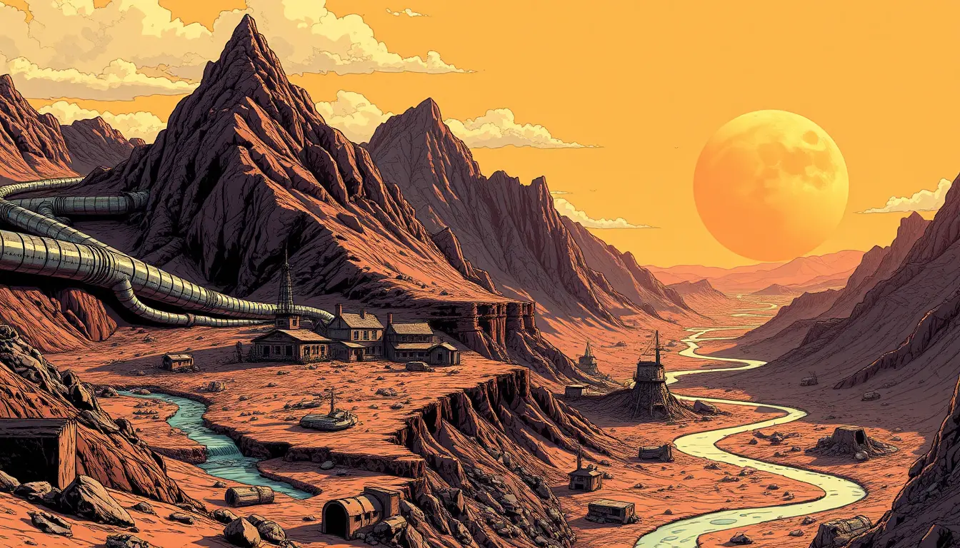 Alien mining town on a rugged mountain world