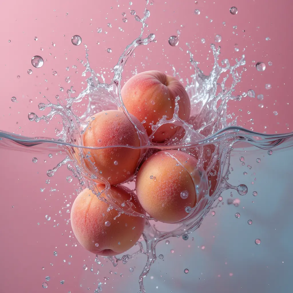 Fresh peaches with dynamic water splash in pink scene