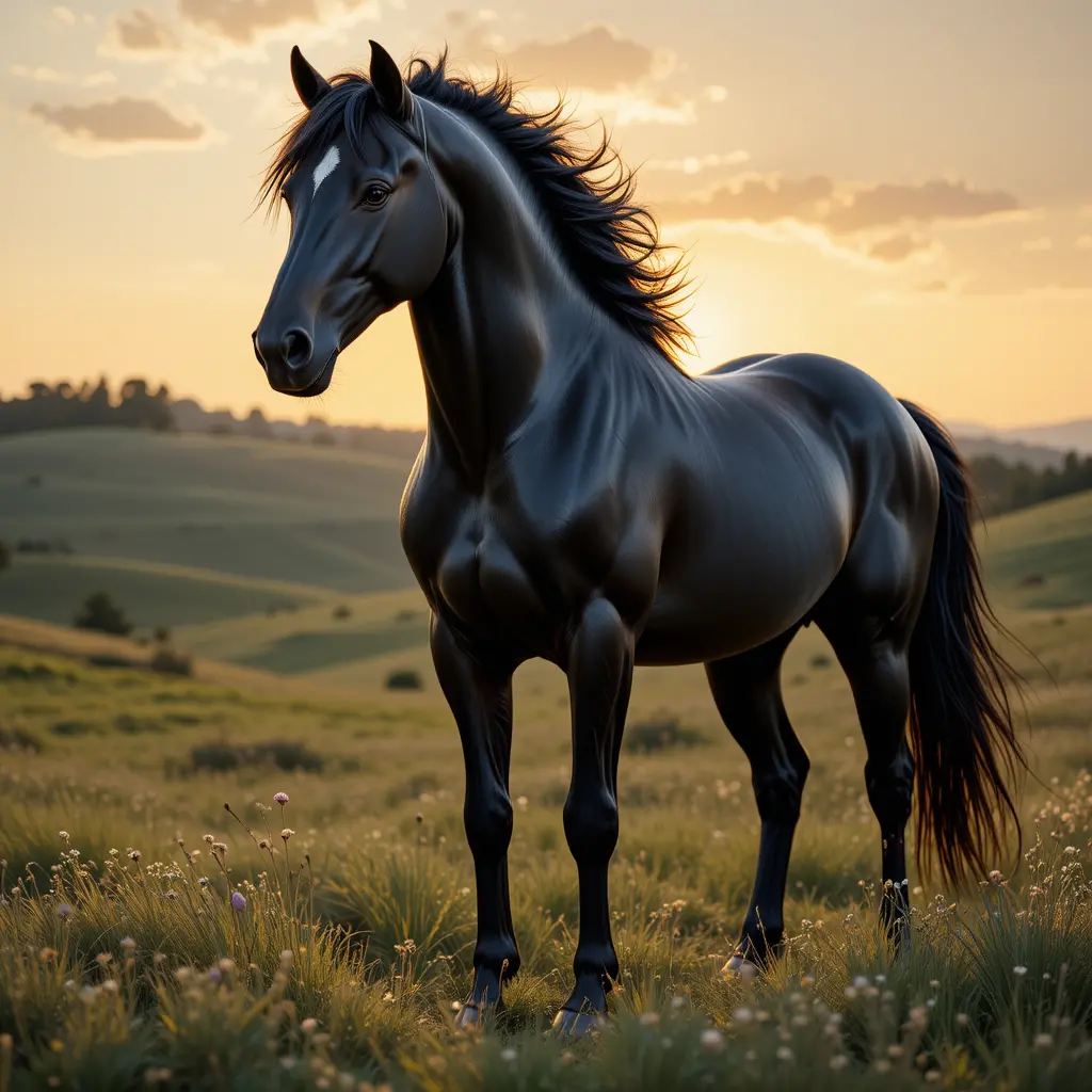 Majestic black horse standing in a sunlit meadow