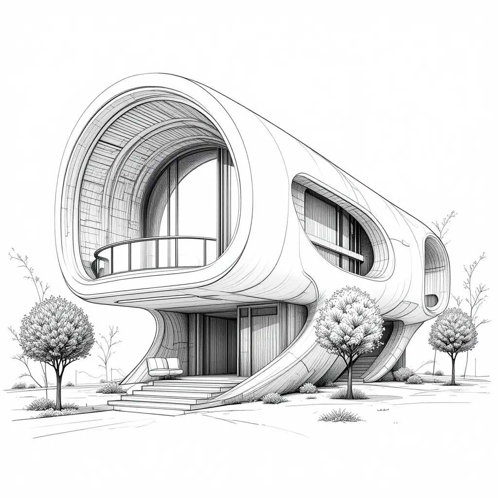 Futuristic curved house exterior with retro wood accents