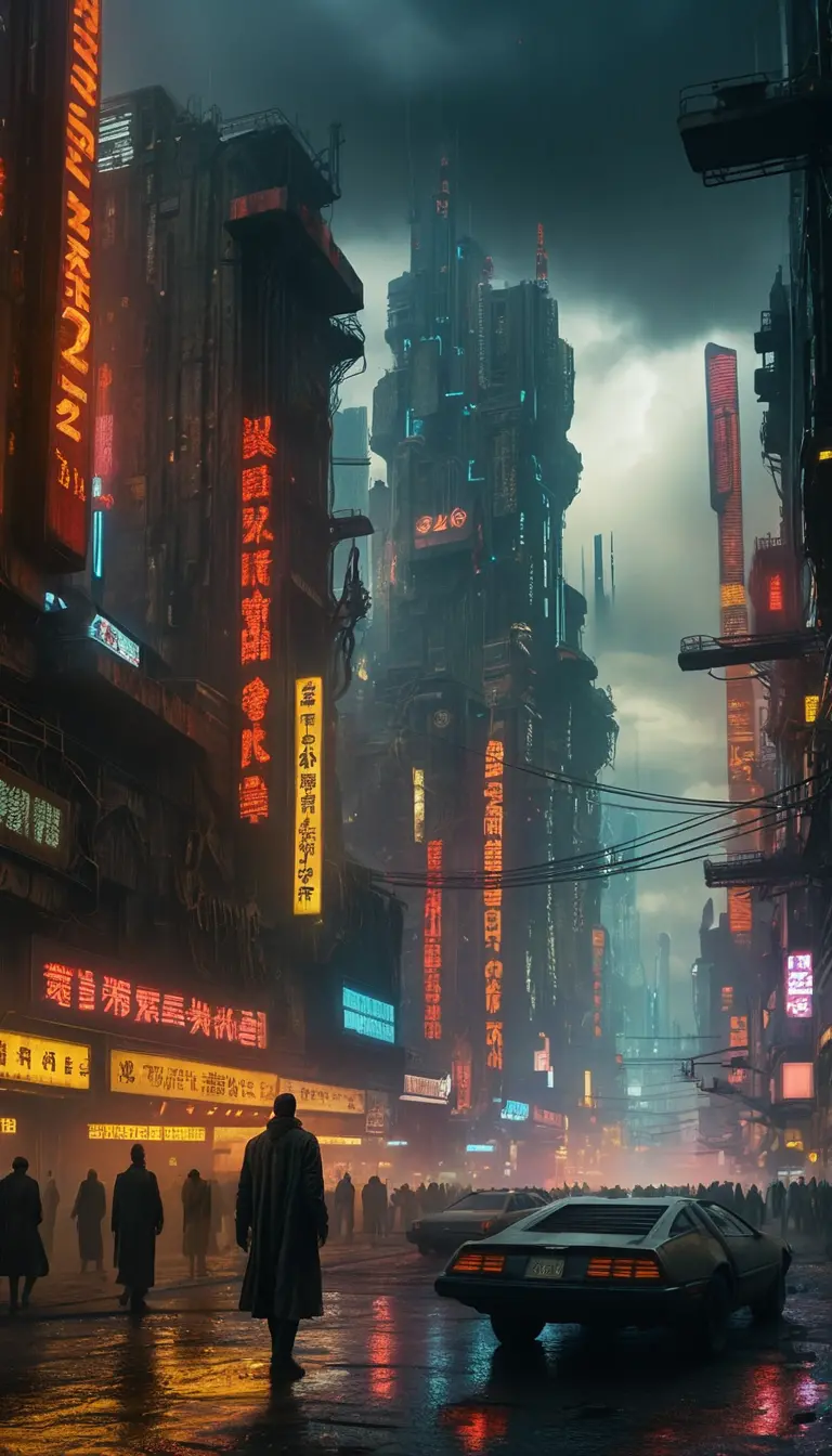 Dystopian futuristic city with dark sky and neon chaos