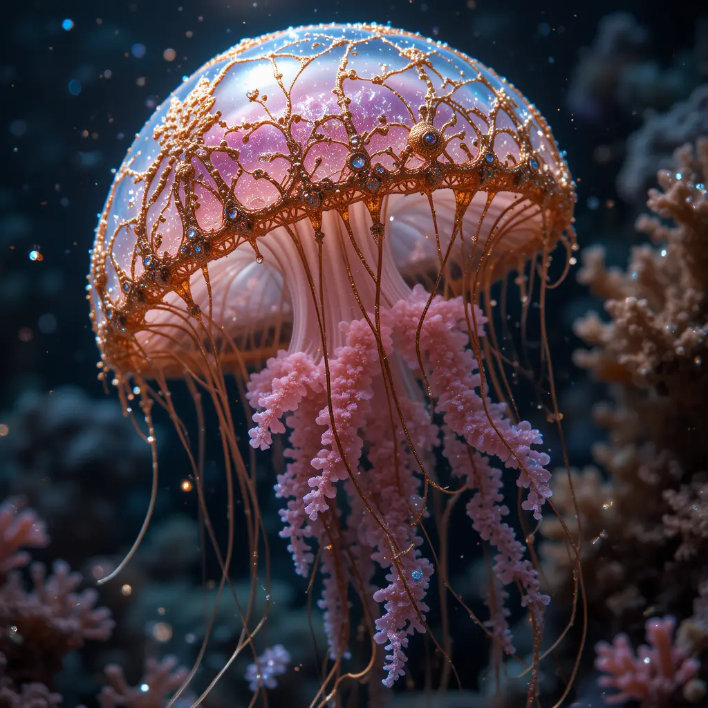 Surreal jellyfish portrait with glowing aura and coral reef