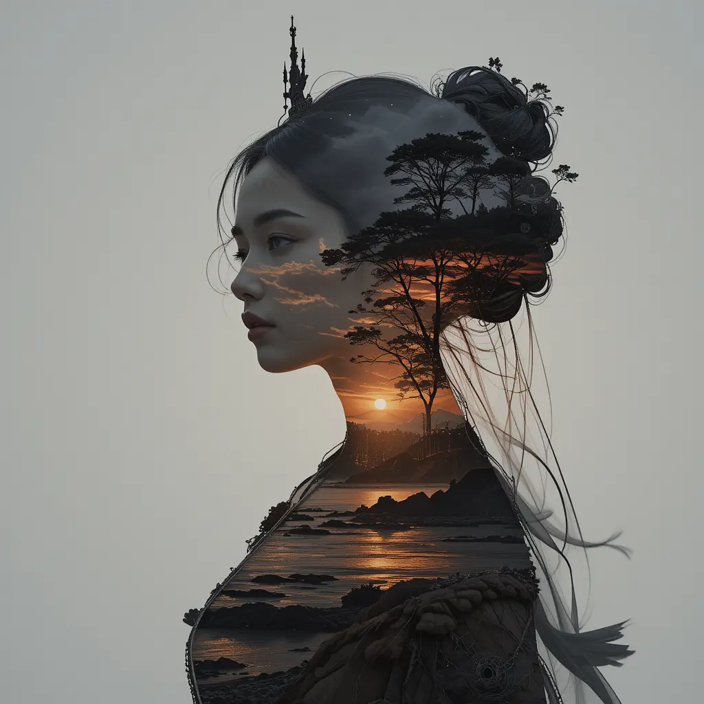 Goddess silhouette blended with a glowing sunset coast