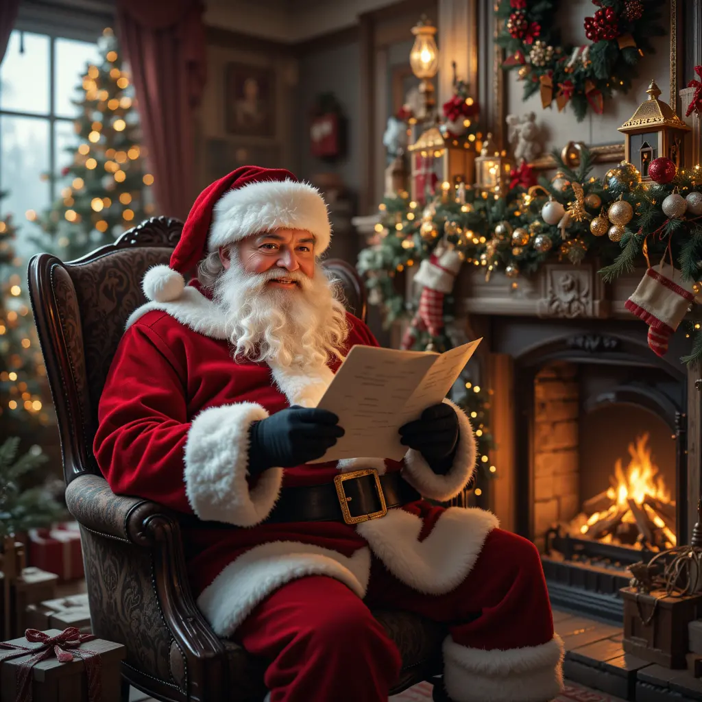 Smiling Santa Claus Reading A Letter By Fireplace