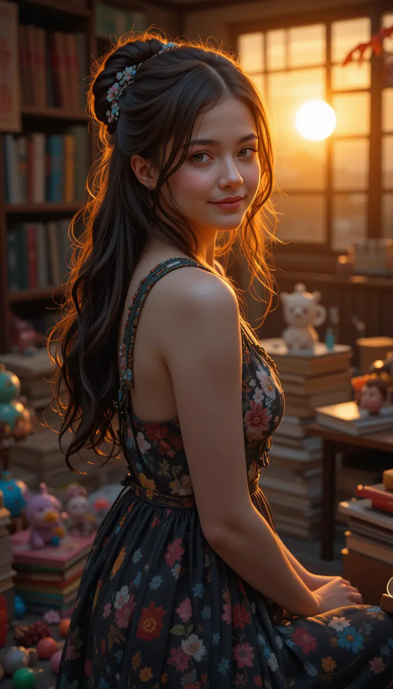 Young girl in sunset light surrounded by colorful toys