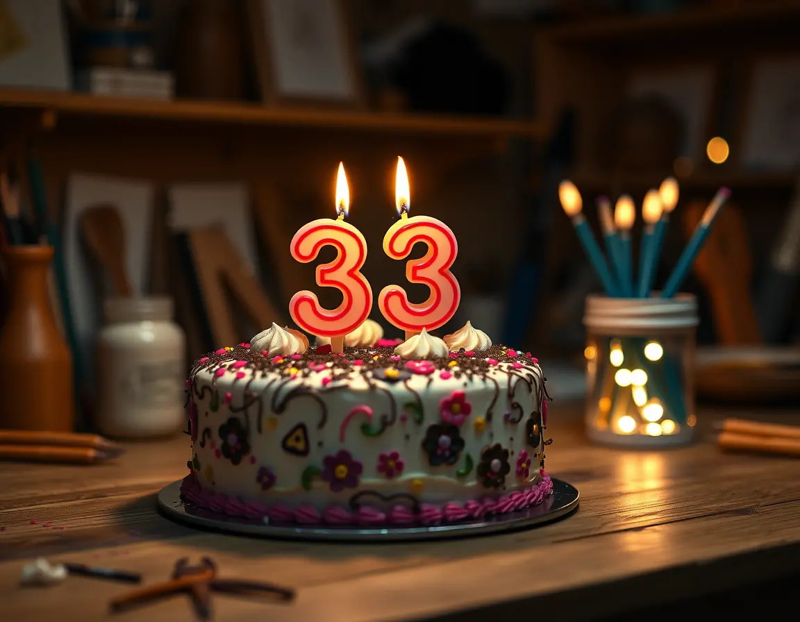 Birthday cake with glowing 33 candles on wooden workbench