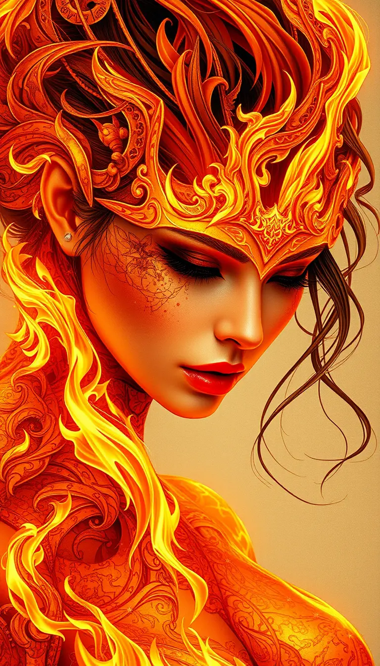 Fiery fantasy woman with intricate flowing heat patterns