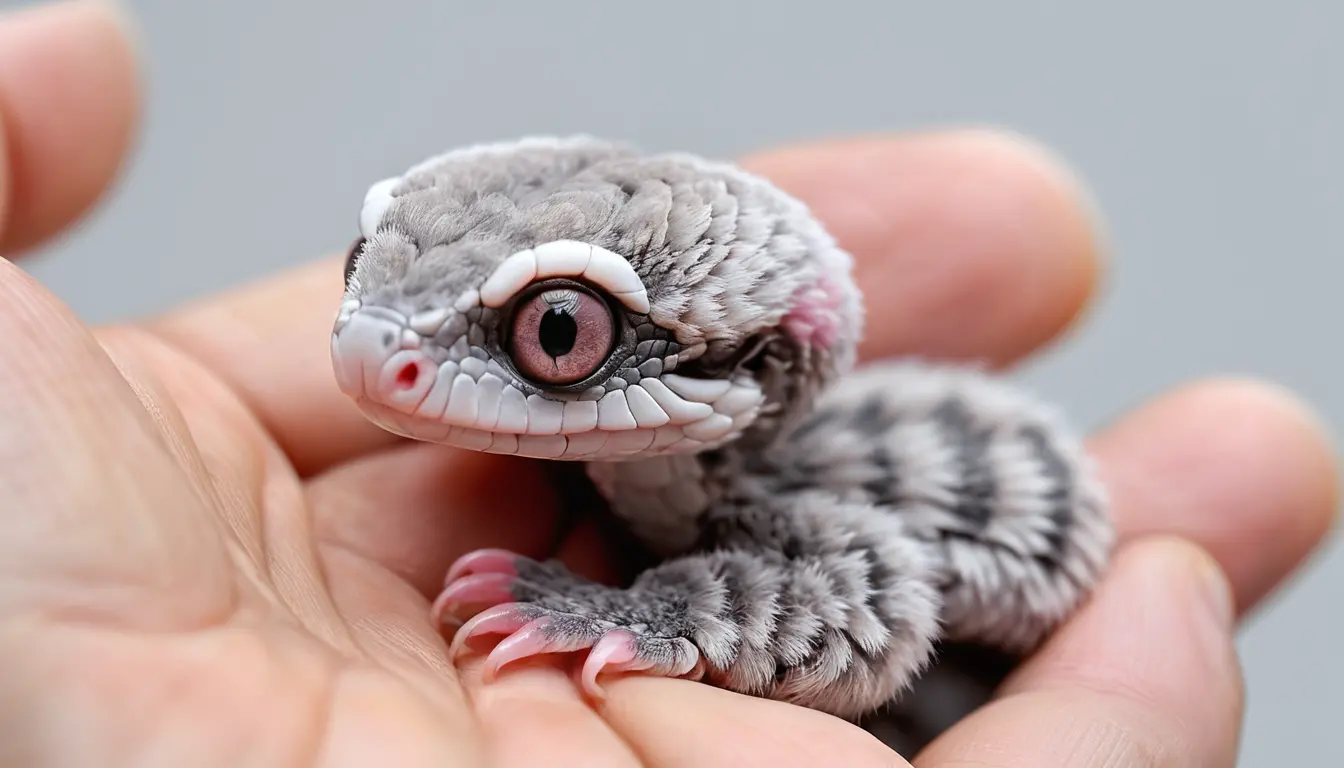 Tiny cobra clinging to a human thumb in macro view