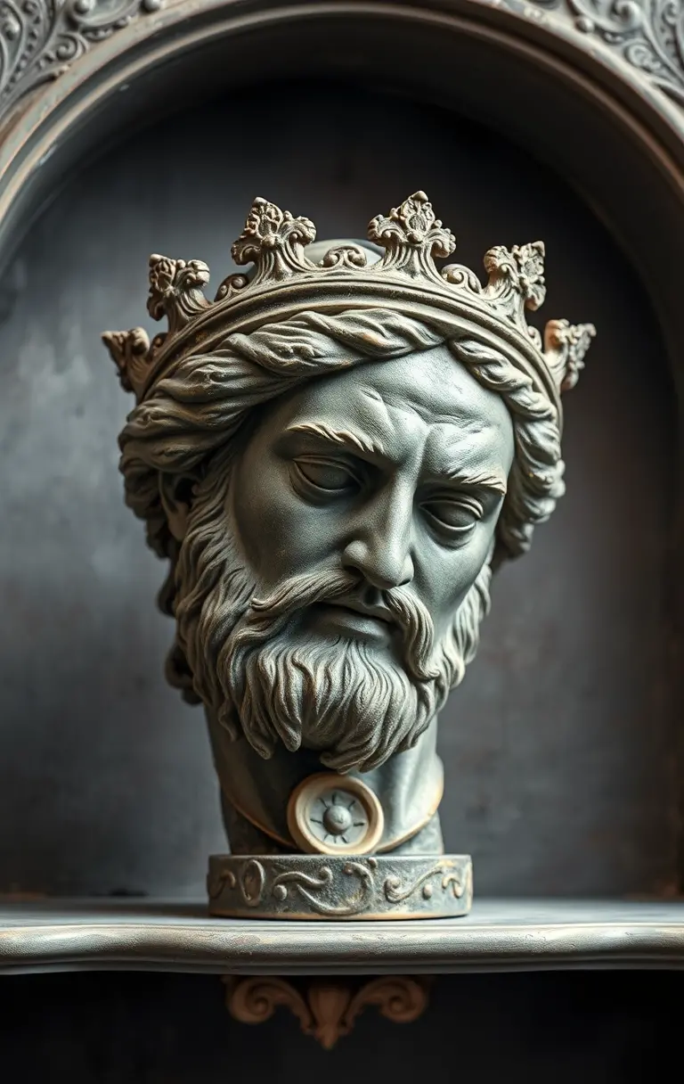 Realistic stone sculpture of a crowned bearded human head