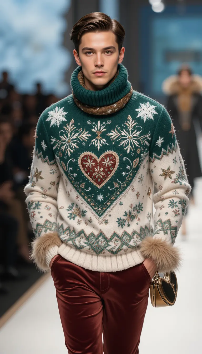 Cozy winter fashion man walking on runway in sweater