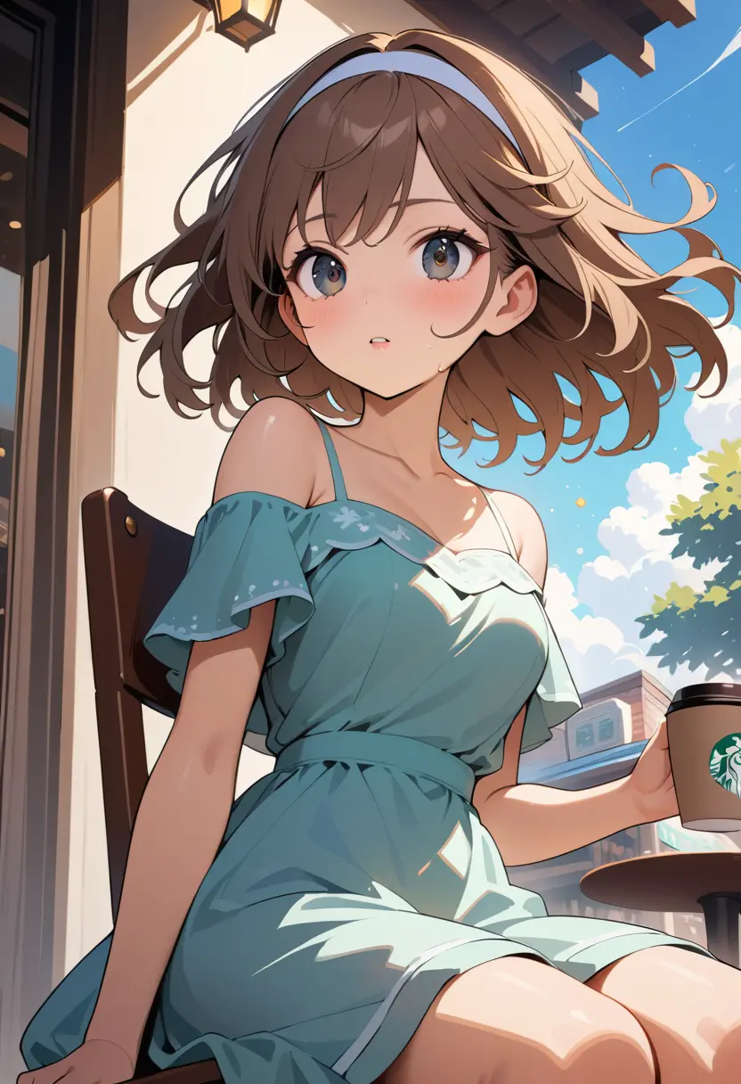 Anime girl sitting in a coffee shop with natural light