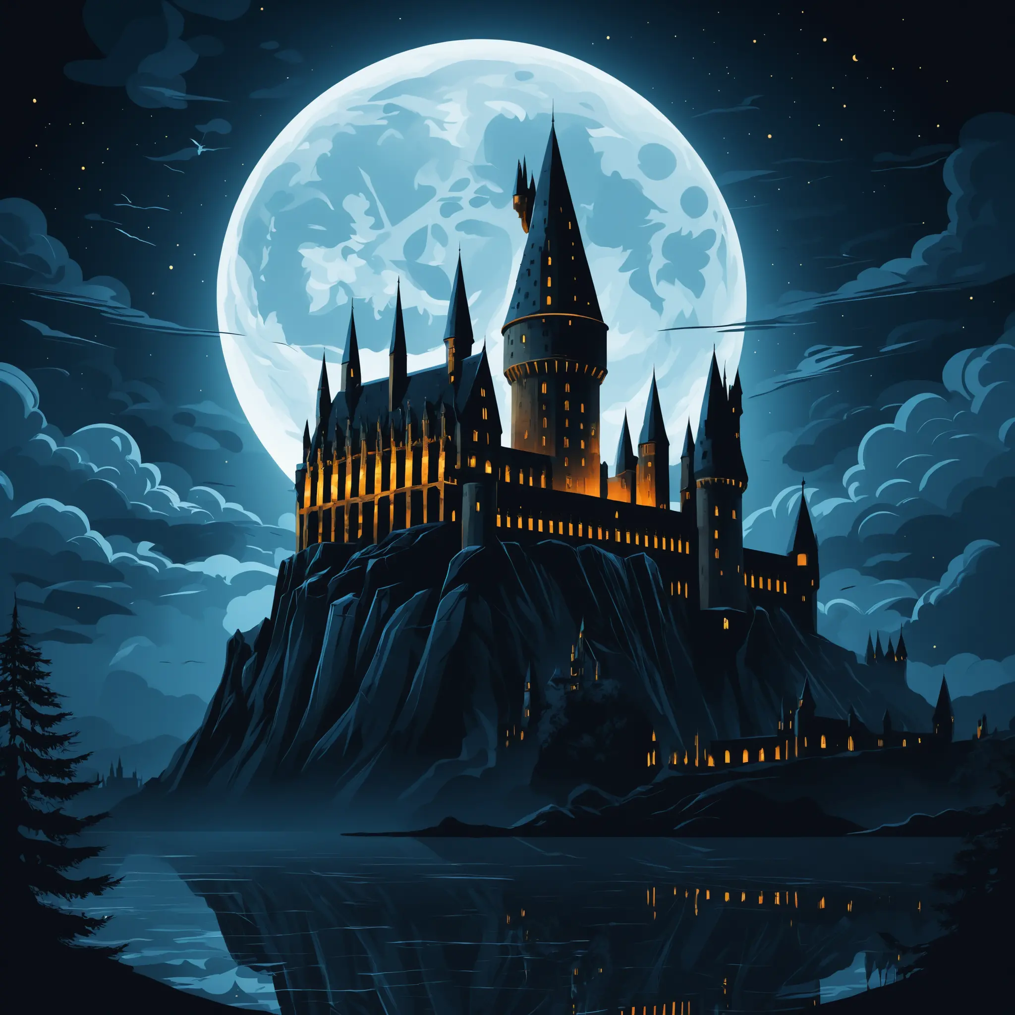 Vector art of a mysterious castle under a full moon