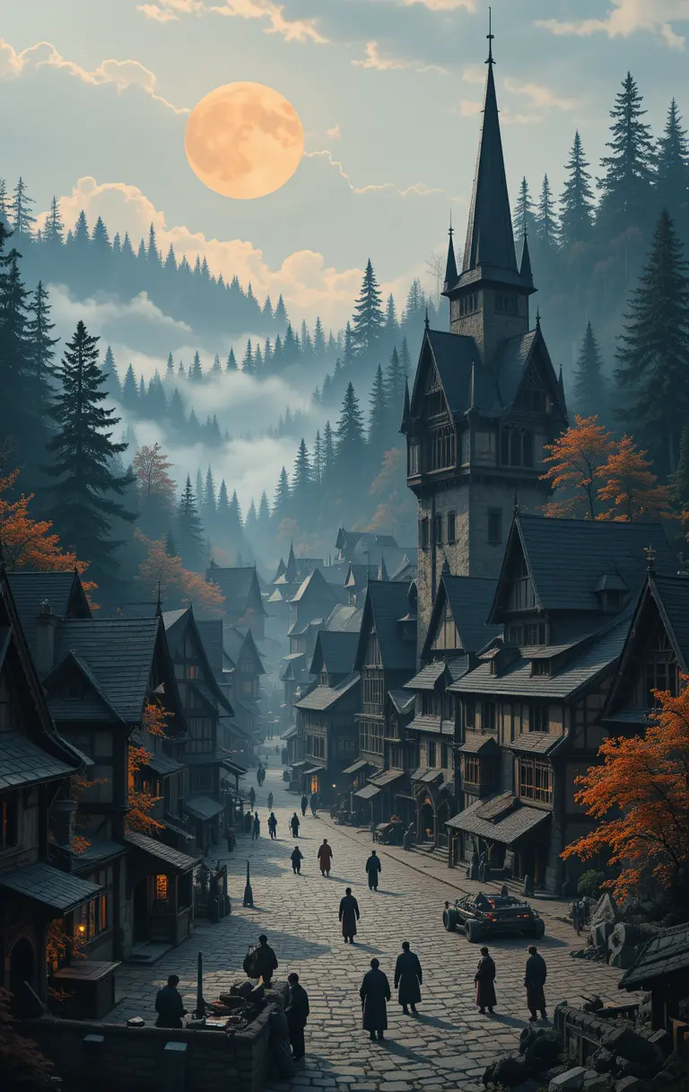Medieval village town square under a dramatic red sky