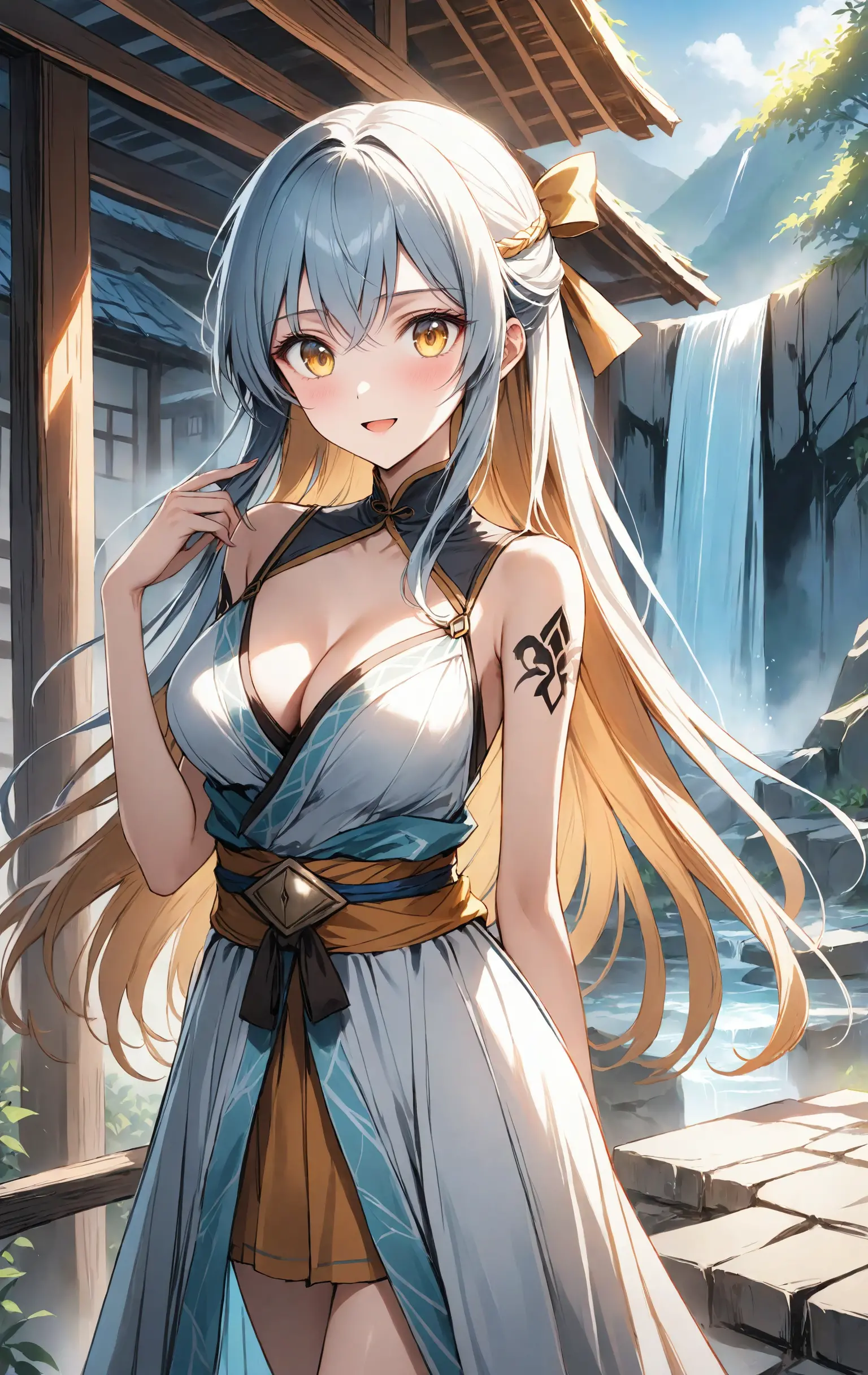 Ninja girl confronts dark spirit by a raging waterfall