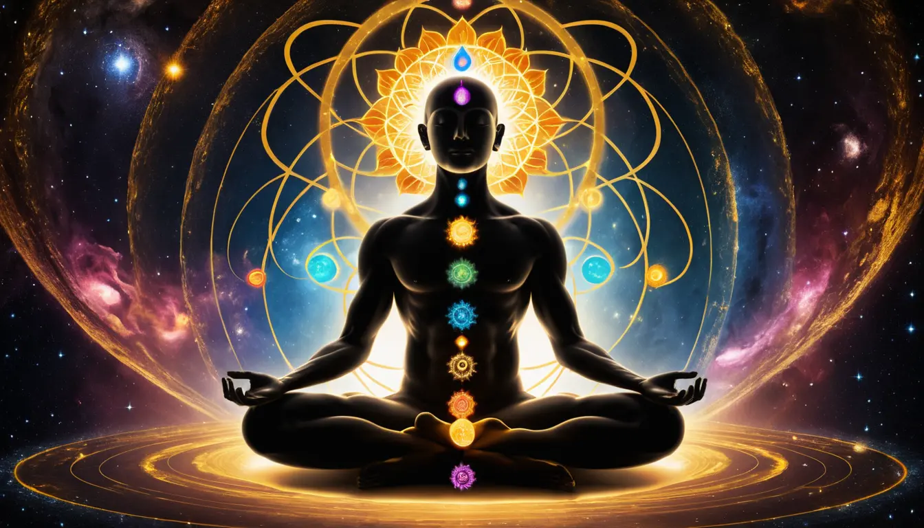 Meditating figure floating in cosmic space with glowing chakras