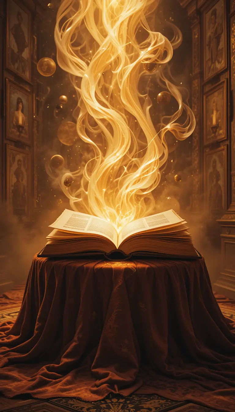 Ancient glowing book on a velvet pedestal in warm light
