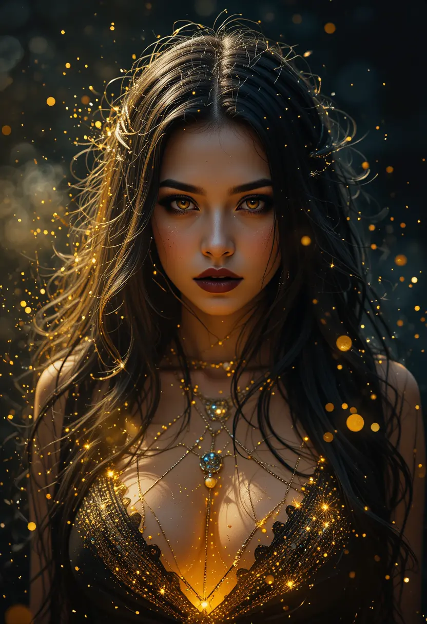 Dark haired woman with yellow energy and sparks