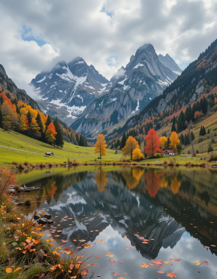 Autumn mountain lake with colorful trees reflected on water