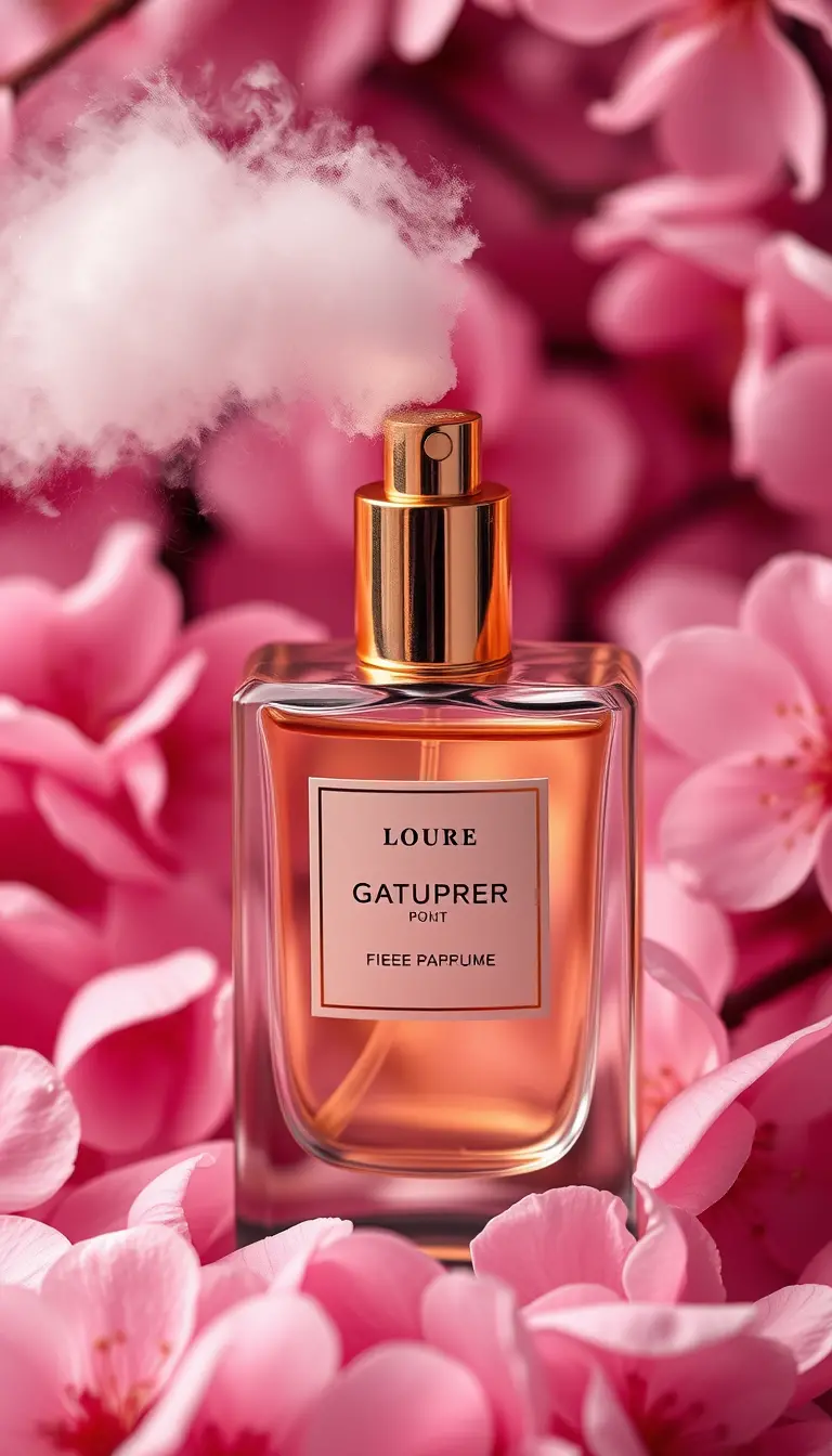 Golden perfume atomizer spraying mist over cherry blossom petals