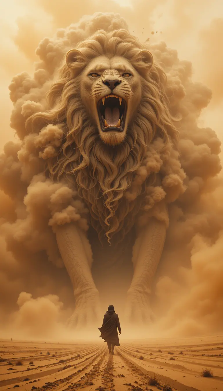 Giant Sand Lion Confronting A Lone Desert Wanderer