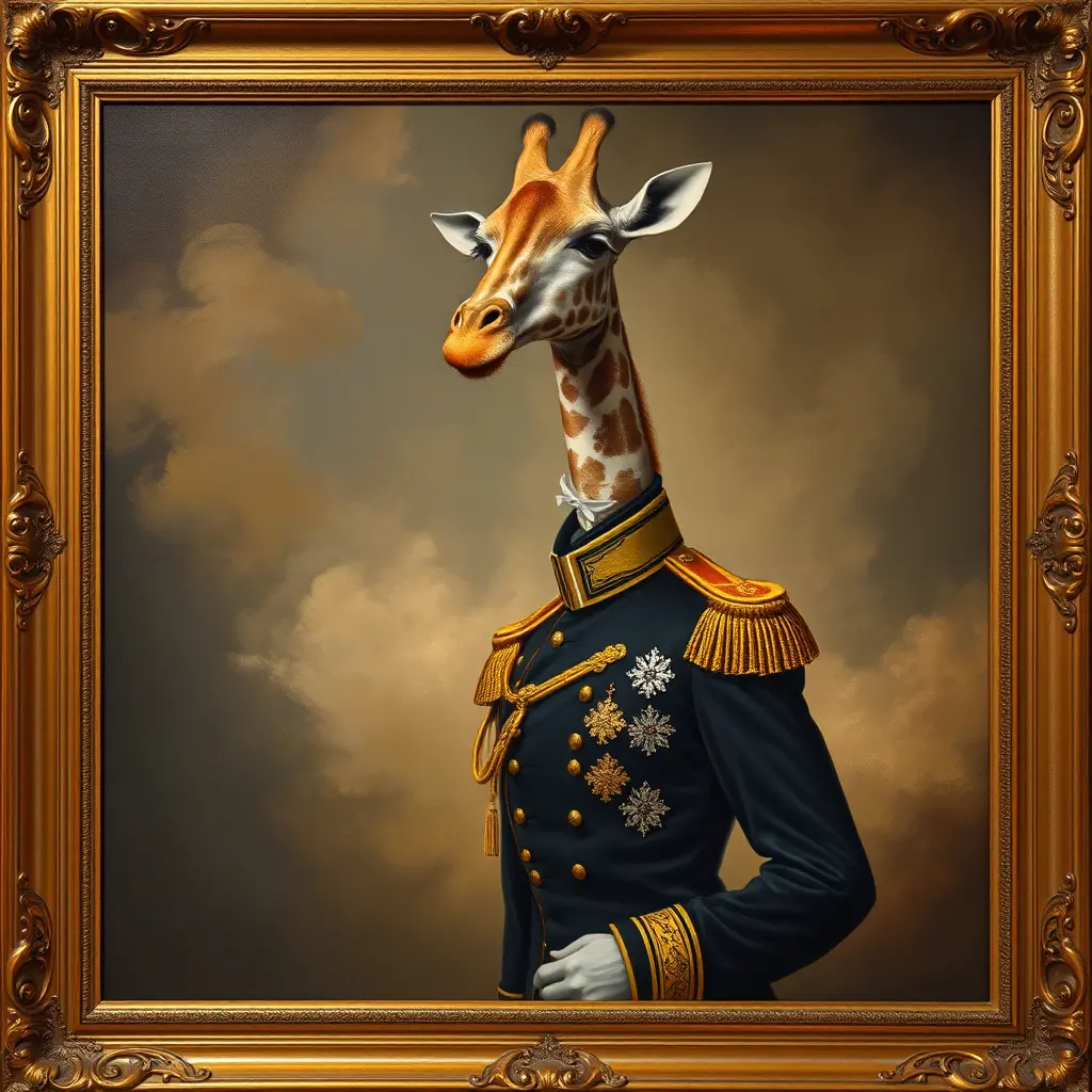 Anthropomorphic Giraffe Officer In Tall Historical Painting