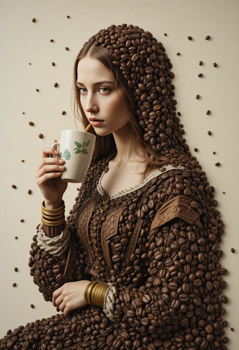 Portrait of coffee beans forming monalisa drinking coffee