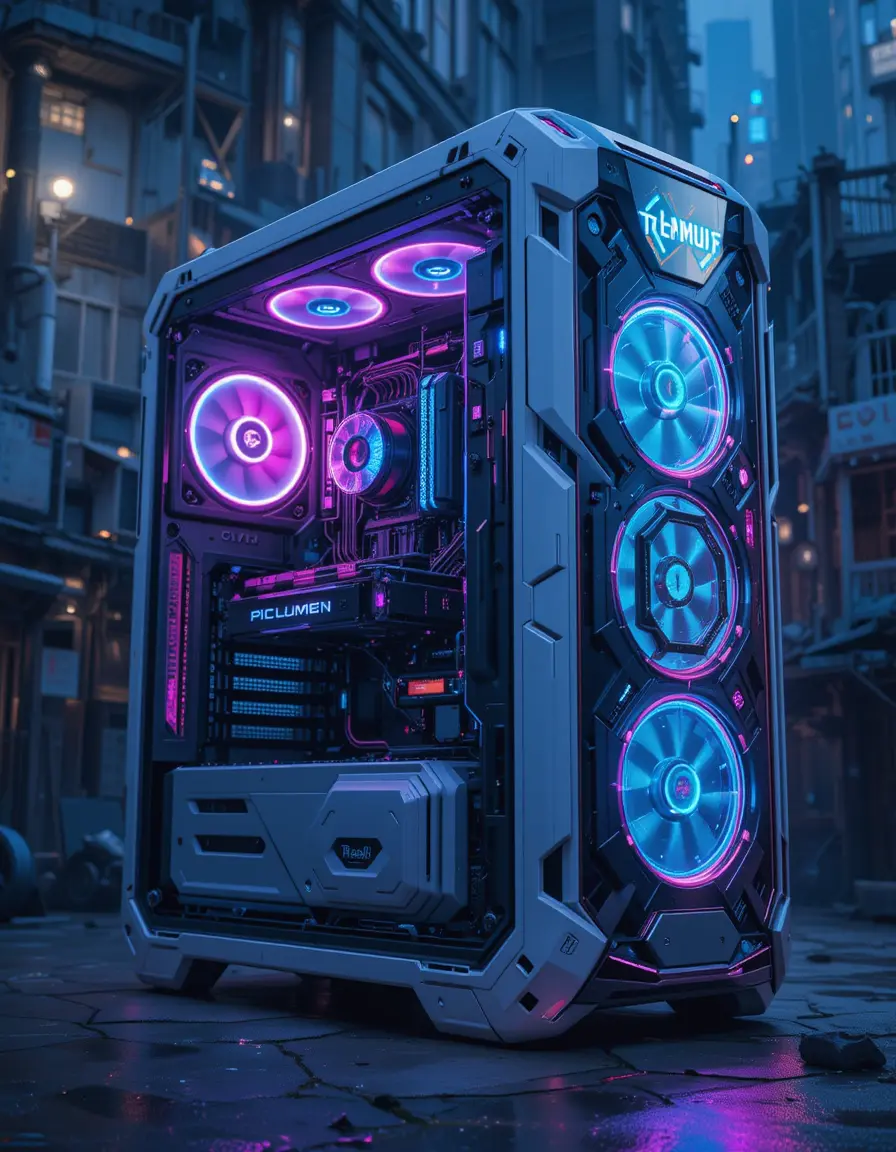 Futuristic 3D gaming pc with neon cyberpunk design