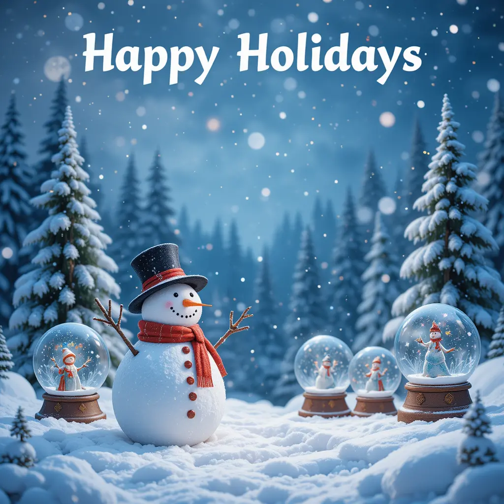 Snowman In A Snowy Holiday Scene With Greeting Text