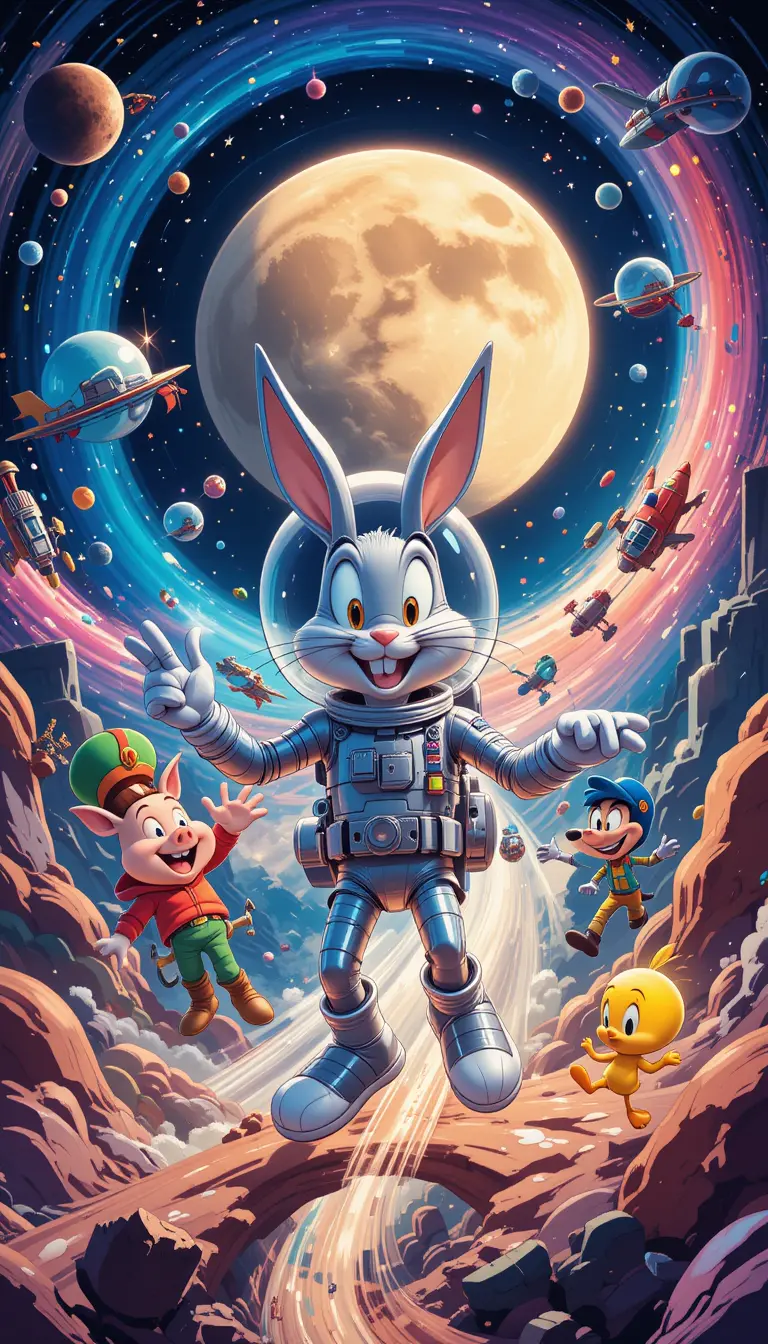 Looney style cartoon astronauts exploring colorful outer space