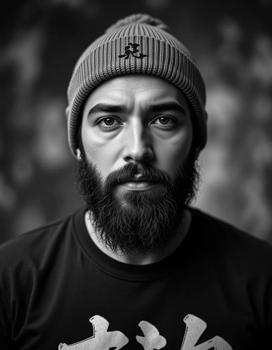 Black and white close up portrait of a bearded man