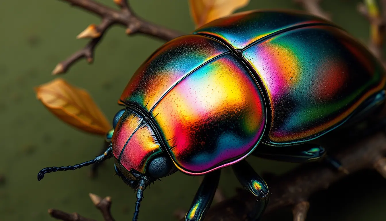 Colorful beetle close up with iridescent shell and leaves