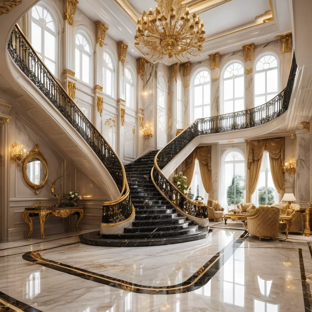Luxurious Living Room With Marble Staircase And Large Window