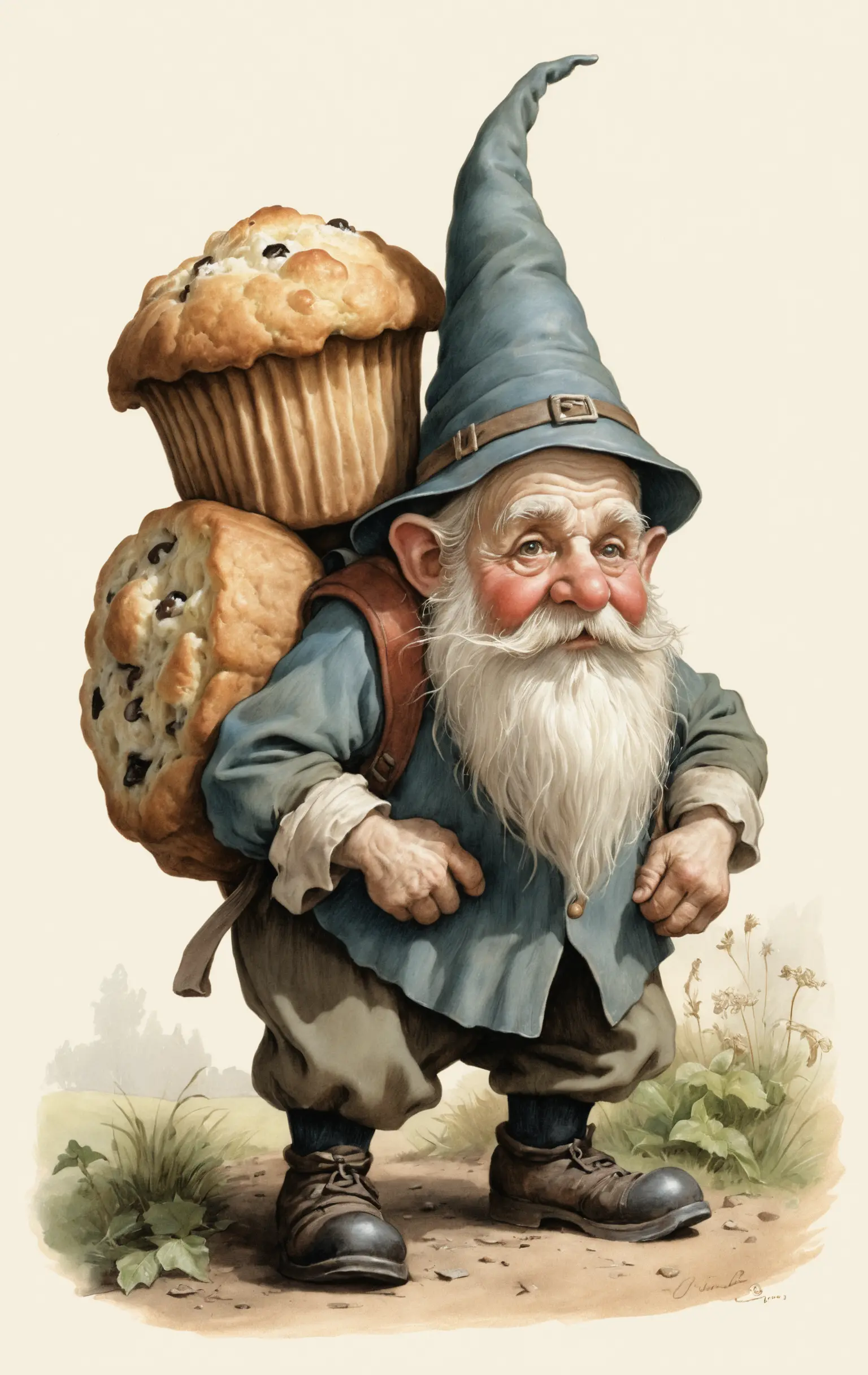 Elderly gnome carrying giant muffin in vintage pencil art