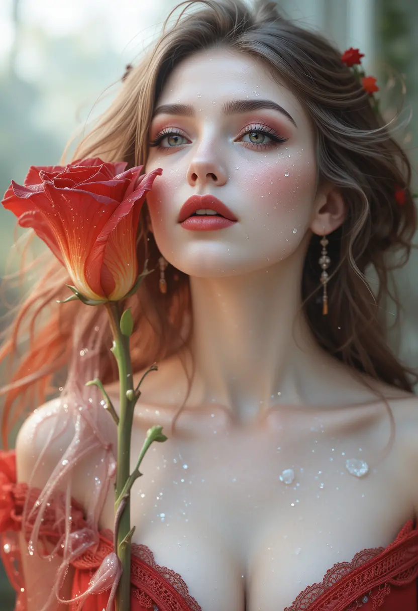 Sensual portrait of a pale woman in red transparent dress