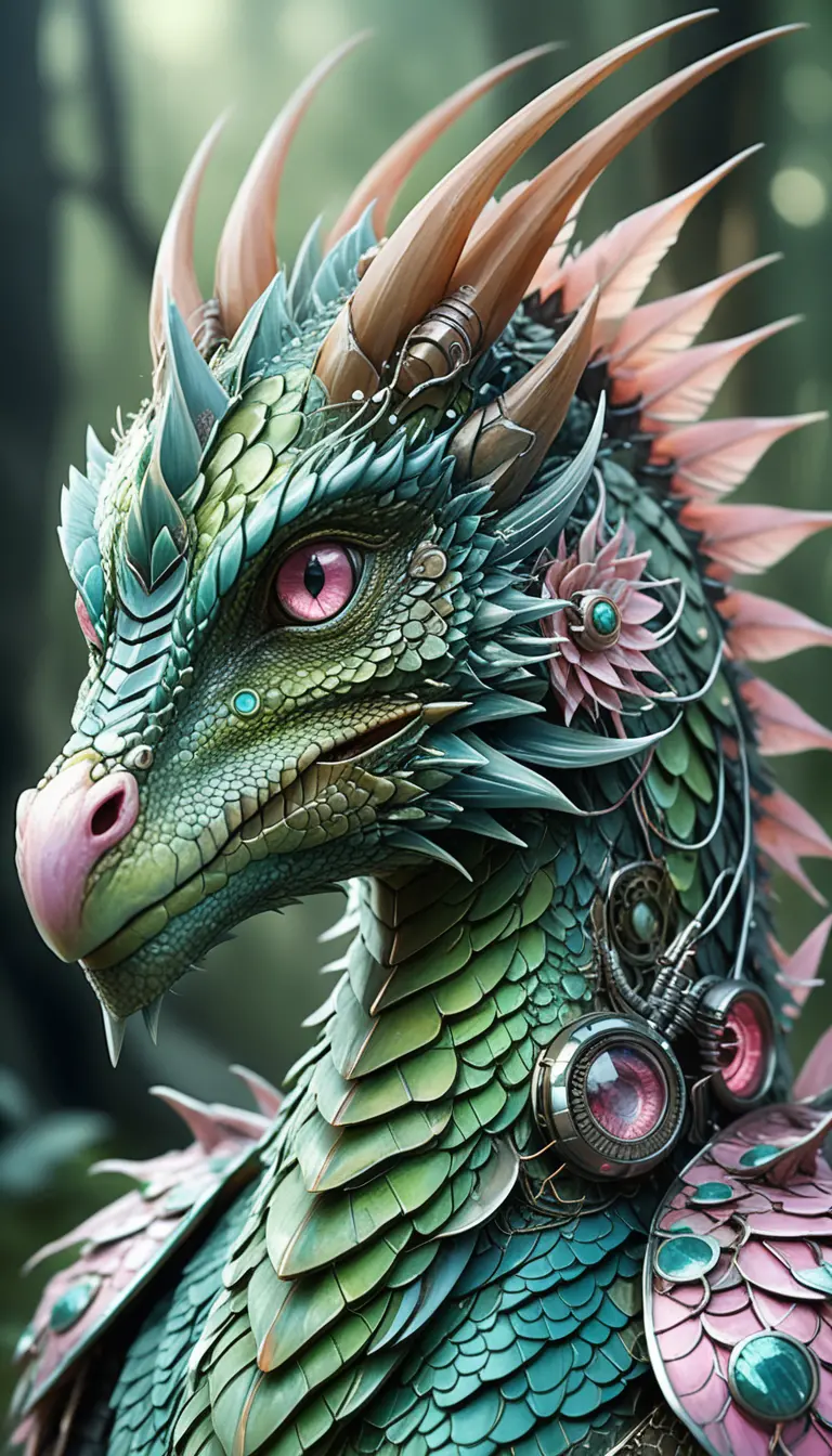 Mechanical forest dragon with luminous pink eyes on rock