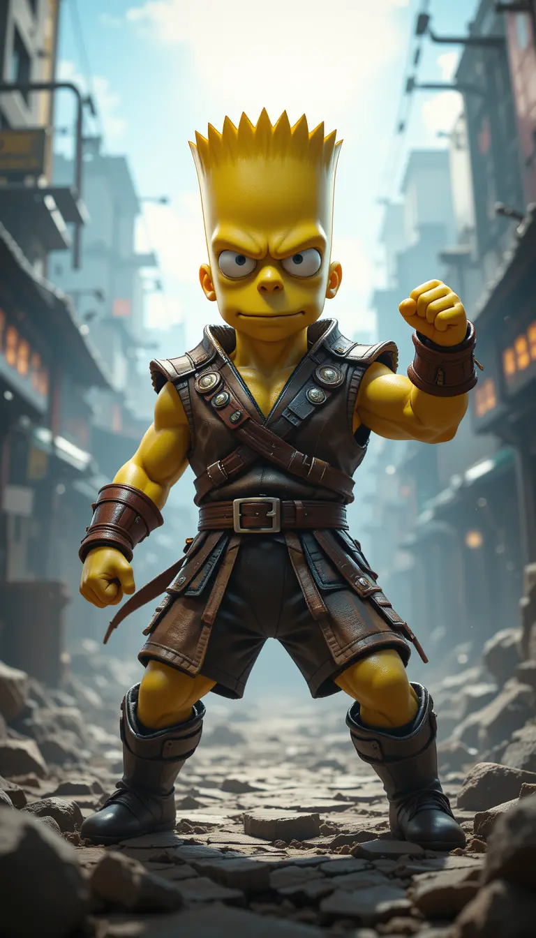 Bart Simpson warrior standing victorious in a fighting arena