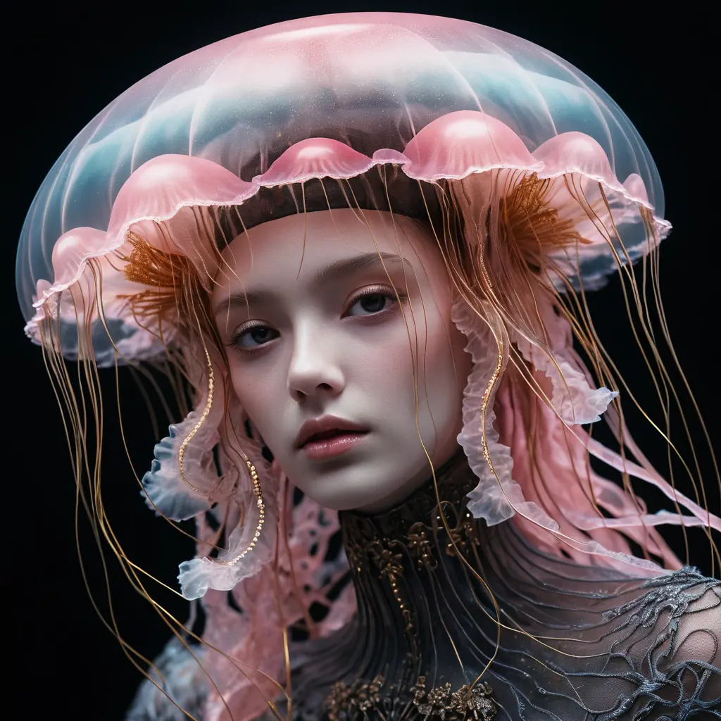 Ghostly jellyfish portrait with glowing coral reef background
