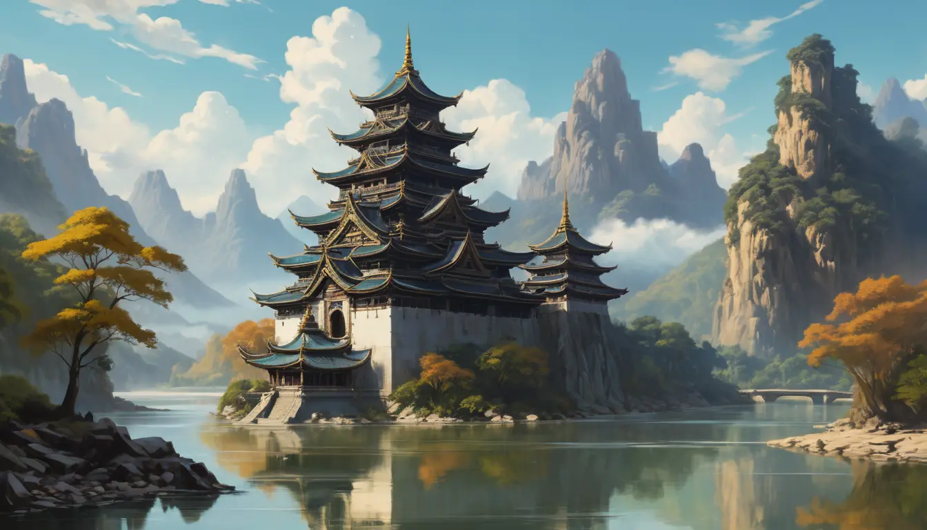 Grand riverside pagoda castle in a fantasy mountain landscape