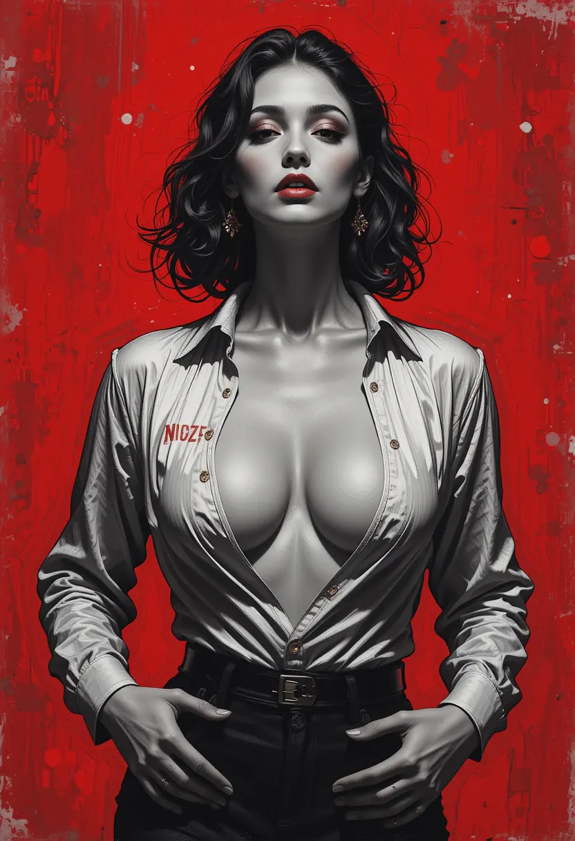 Digital painting of a modern warrior woman on red background