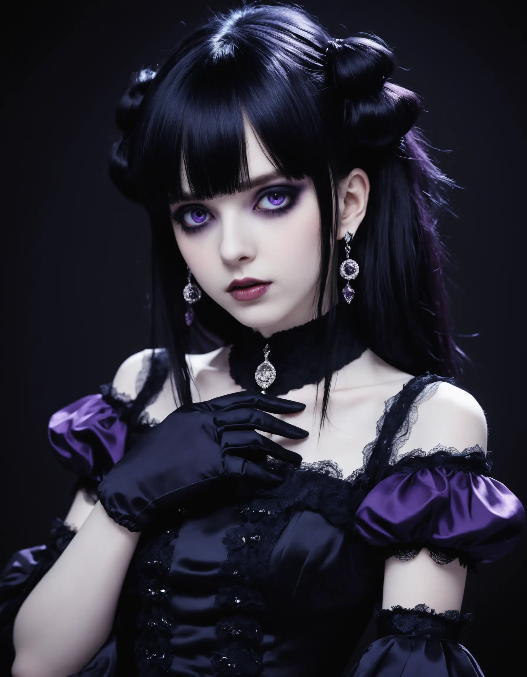 Gothic anime girl with pale skin and purple eyes