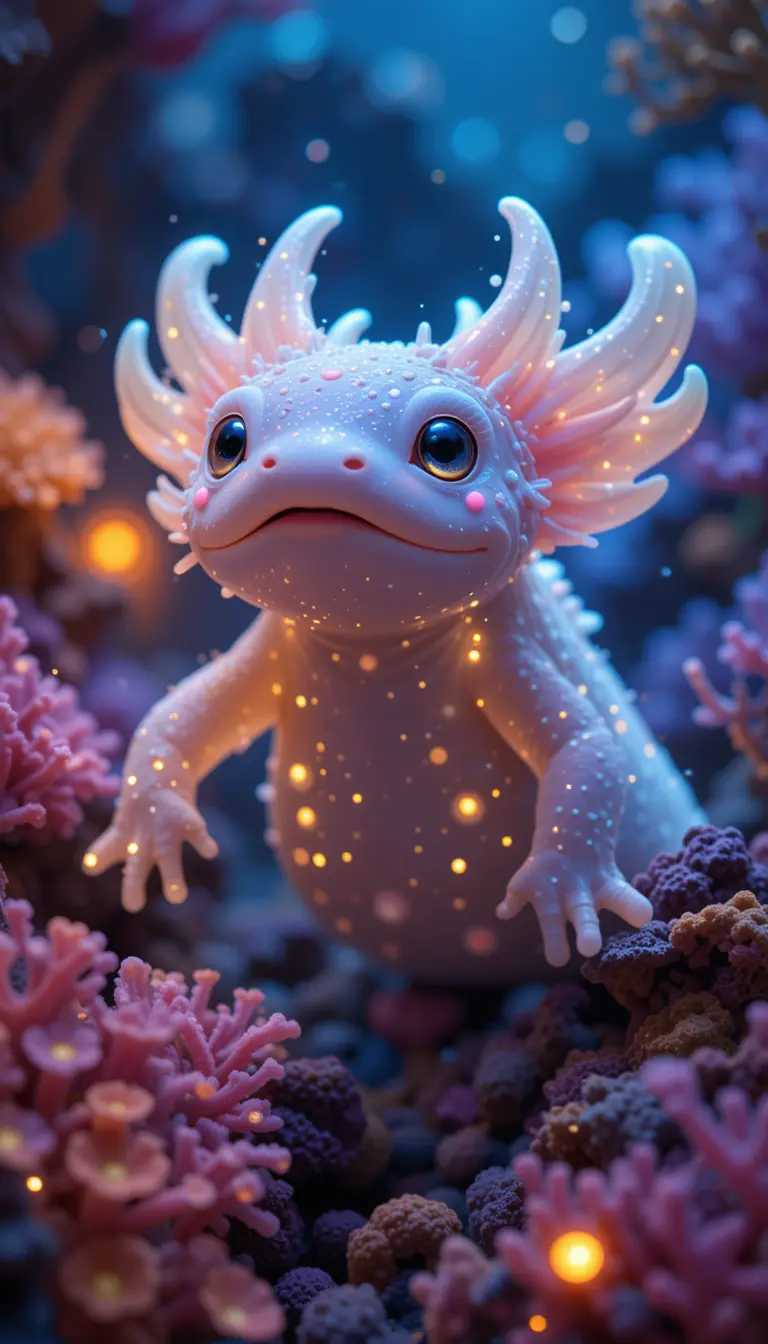 Glowing fantasy axolotl like creature in coral reef scene