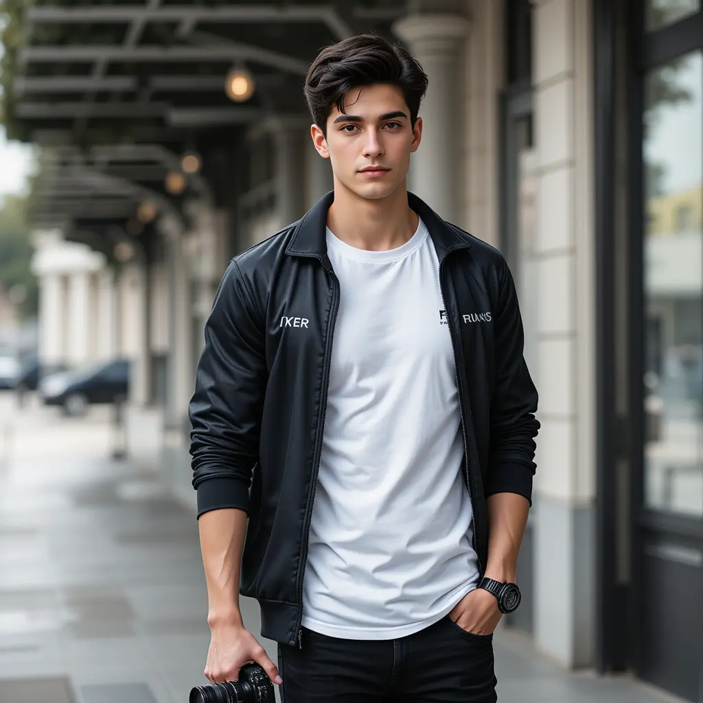 Young man with camera in black jacket and jeans